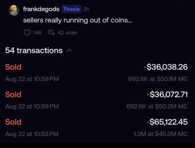 The image displays a tweet by user "frankdegods" tagged "Thesis" commenting "sellers really running out of coins…" with a screenshot showing 54 transactions of large crypto "Sold" orders totaling over $130K (e.g., $36,038.26 and $65,122.45) from Aug 22. The accompanying post argues that the "fomo cabal" has been driving down coins with coordinated sells, and this image serves as visual evidence of the heavy selling pressure being applied to a token.