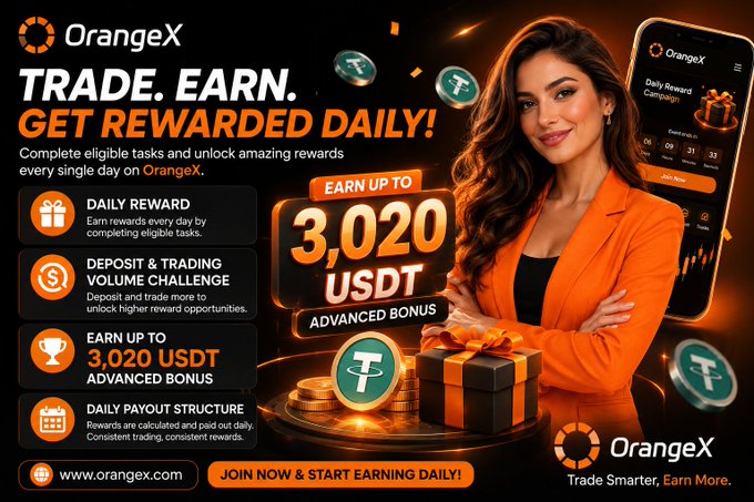 This OrangeX promotional image advertises an "Earn Up To 3,020 USDT Advanced Bonus" through daily rewards and a deposit & trading volume challenge. The image visually supports the post by showcasing the platform's name, the substantial bonus amount, and icons related to rewards and trading.