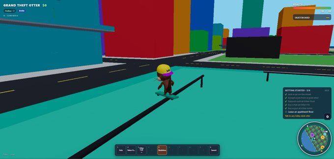A screenshot from 'GRAND THEFT OTTER' showing a character skateboarding through a blocky, colorful city with objectives listed on screen including 'Land an approved flip.'