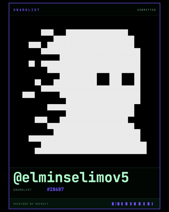 A digital NFT artwork displayed on a "SNARKLIST" submission page with a pixelated white ghostly figure on a black background, labeled "@elminselimov5" with identifier "#28687" and "SHIELDED BY DEFAULT" status. The image promotes the SNARKLIST NFT collection, showing one of its pixel-art ghost characters as part of the free minting opportunity referenced in the post.
