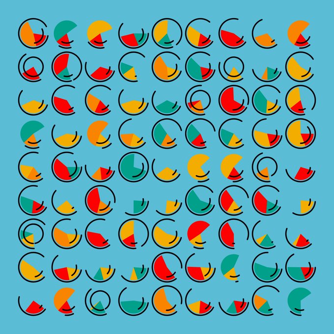 A stylized graphic illustration featuring a repeating pattern of circular pie charts and open circles in red, yellow, green, and orange against a light blue background.