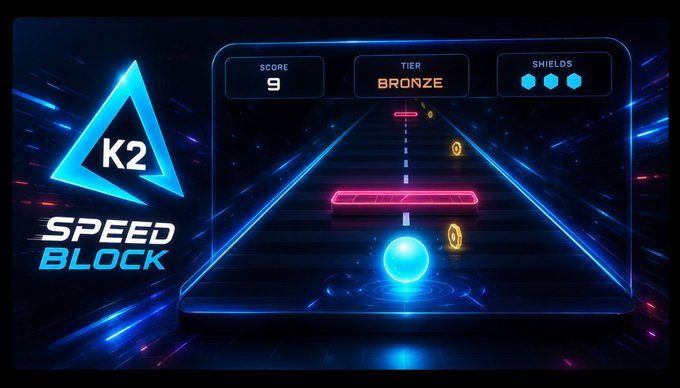 The image shows a vibrant futuristic gaming interface for "K2 Speed Block," featuring a neon-lit track with a glowing blue ball navigating pink obstacles and collecting gold coins, with the player at "TIER BRONZE," a score of 9, and 3 shields. The accompanying post highlights how this game blends speed, strategy, and rewards to represent the future of cryptotainment on Web3.