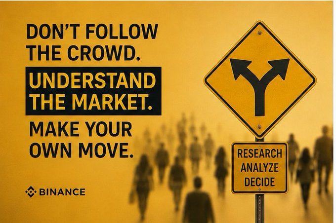 A Binance promotional graphic features the text "Don't follow the crowd. Understand the market. Make your own move," alongside a yellow Y-shaped road sign and a secondary sign reading "Research, Analyze, Decide," set against a blurred background of people walking in different directions. The image reinforces the post's message by visually urging traders to resist crowd mentality and base decisions on independent research and analysis rather than chasing breakouts.