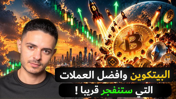 A YouTube thumbnail features a man alongside graphics of Bitcoin, rockets, and cityscapes, with Arabic text reading 'البيتكوين وافضل العملات التي ستتفجر قريبا !'.
