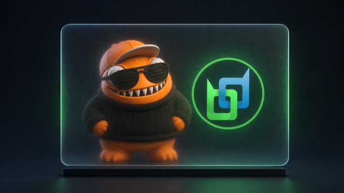 A 3D rendered orange monster character wearing sunglasses and a green sweater stands next to a green circular logo on a dark background.