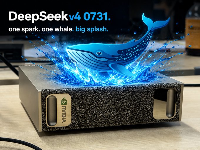 A stylized blue whale leaps from water atop an NVIDIA-branded single unit, with text reading "DeepSeek v4 0731, one spark, one whale, big splash," illustrating the post's claim that even one DGX Spark can deliver impressive DeepSeek benchmark performance.