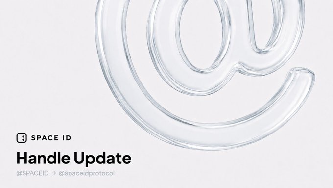 A Space ID announcement graphic featuring a transparent glass @ symbol, with text reading 'SPACE ID Handle Update @SPACEID → @spaceidprotocol'.