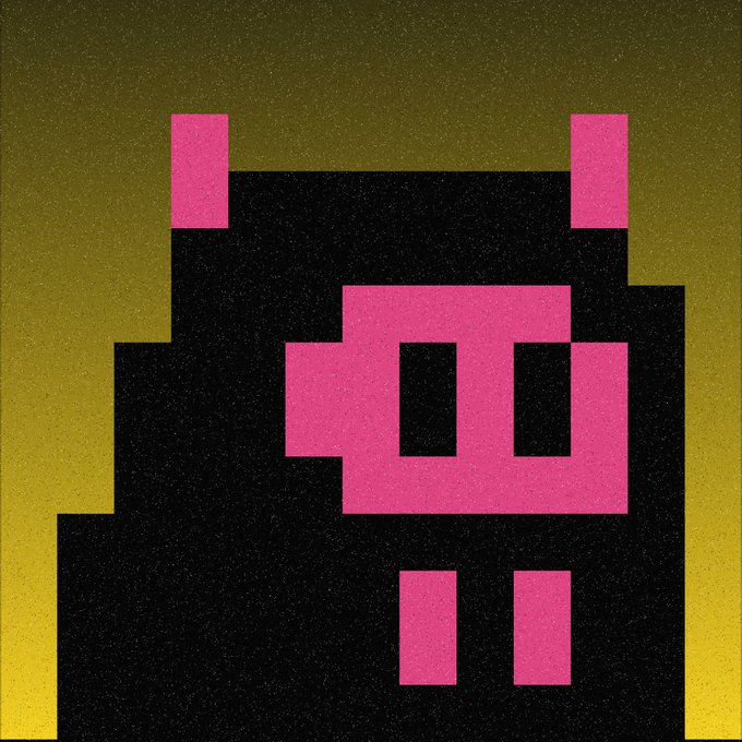 A retro pixel-art style graphic featuring a black skull with pink geometric features on a yellow-green gradient background.