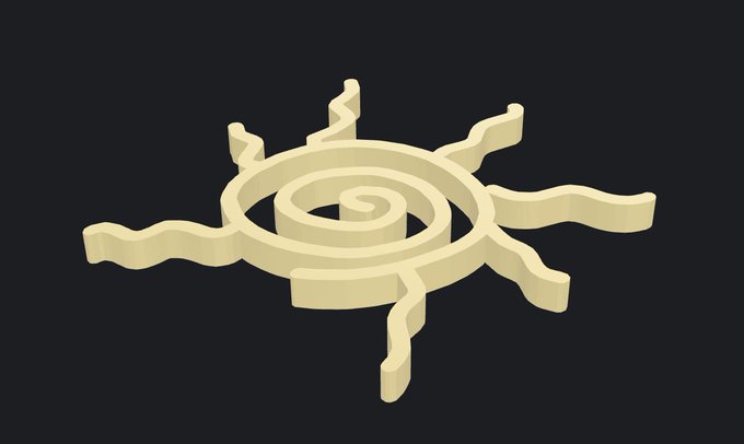 A 3D-rendered illustration of an ancient gold artifact resembling a sun symbol or solar calendar with a central spiral, wavy rays, and stylized bird-like figures, set against a dark gray background.