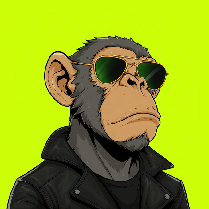 A stylish cartoon chimpanzee wearing aviator sunglasses and a black leather jacket is featured on a vibrant neon green background, matching the cool, edgy aesthetic of "The Suited Apes" NFT collection mentioned in the giveaway post.