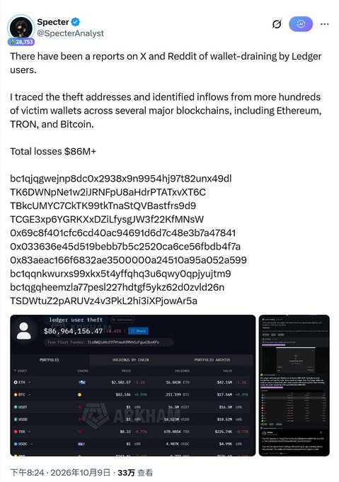 A post by Specter (@SpecterAnalyst) on X reporting over $86M in losses from wallet-draining by Ledger users, with multiple blockchain addresses listed.