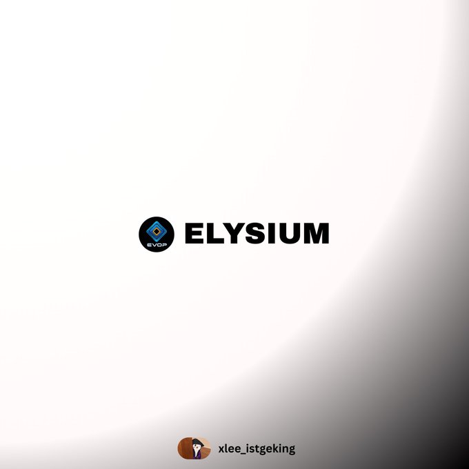 A minimalist logo for "ELYSIUM" with the URL "elya.io" displayed on a clean white/gray background, with the social handle "xlee_istgeking" visible at the bottom.