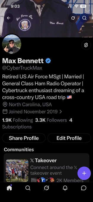 A Twitter/X profile for Max Bennett (@CyberTruckMax) is displayed, describing him as a 'Retired US Air Force MSgt | Married | General Class Ham Radio Operator | Cybertruck enthusiast dreaming of a cross-country USA road trip' based in North Carolina, USA.