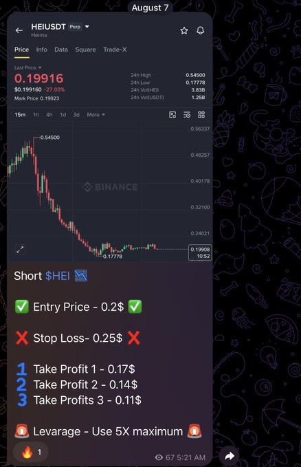 A Binance trading screenshot showing HEI/USDT Perpetual pair with a price of 0.19916 (-27.03%), displaying a downward candlestick chart and a short trade setup with Entry Price 0.2$, Stop Loss 0.25$, Take Profits at 0.17$, 0.14$, and 0.11$, recommending 5X maximum leverage, dated August 7 at 6:25 AM.