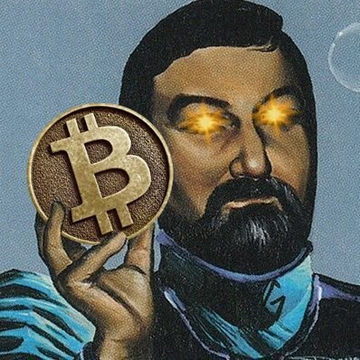 A stylized illustration of a bearded man with glowing golden eyes holding up a physical Bitcoin coin.