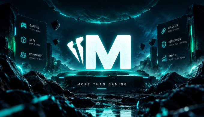 A promotional graphic for 'iM' with the tagline 'MORE THAN GAMING', displaying a glowing logo centered between two floating screens listing features like 'GAMING', 'NFTs', 'COMMUNITY', 'ON-CHAIN REAL UTILITY', and 'REPUTATION'.