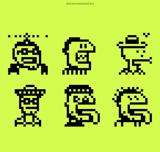 A yellow-green background with 'ONCHAINHOODIES' text at the top, displaying six pixel-art monkey character designs in black.