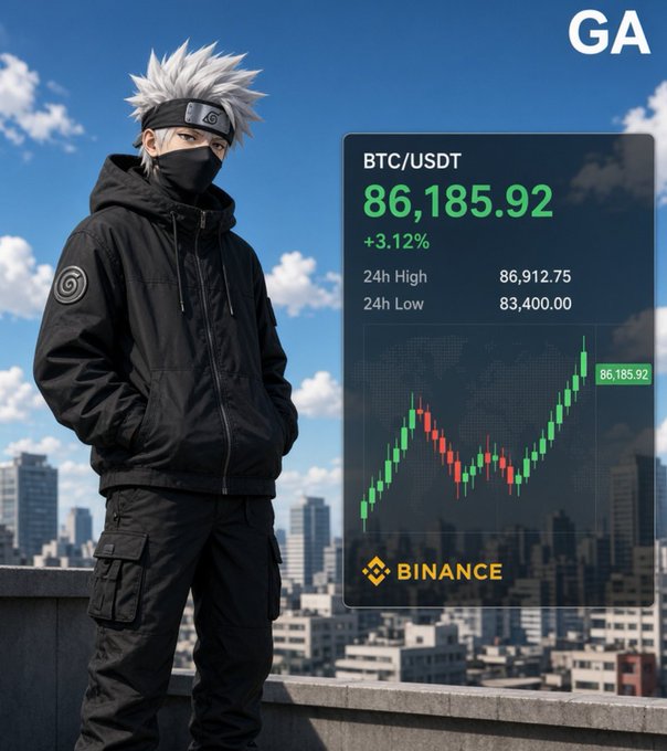 An anime-style character in a black jacket and mask standing on a rooftop overlooking a city, next to a Binance BTC/USDT chart showing a price of 86,185.92 (+3.12%).