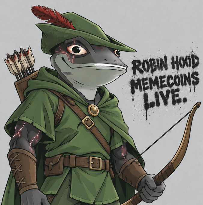 An illustrated anthropomorphic frog dressed as Robin Hood with a green tunic, feathered cap, bow and quiver of arrows is labeled "ROBIN HOOD MEMECOINS LIVE."