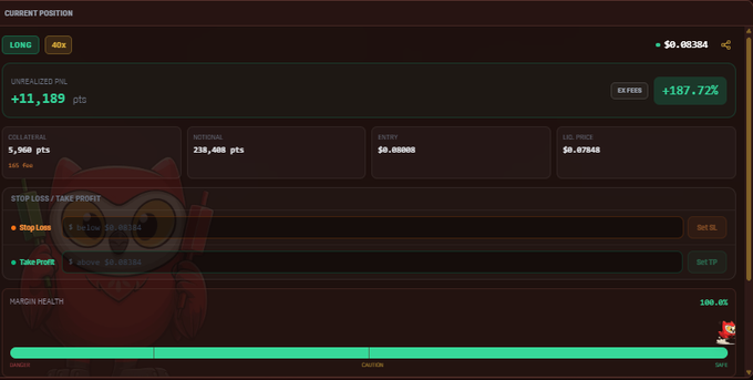 A trading interface shows a long position on the $BIRB token with a 40x leverage, currently at $0.06384 with an unrealized profit of +11,189 pts (+187.72%), featuring a green margin health bar at 100% and an owl logo in the background.