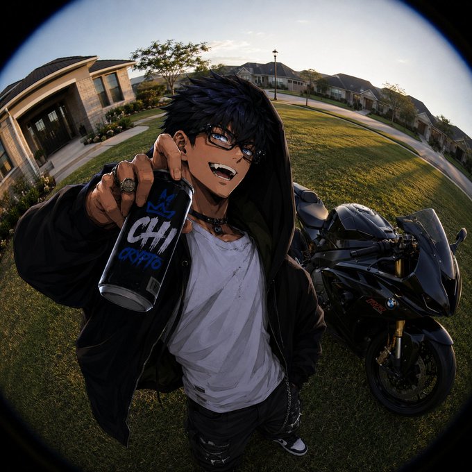An anime-style illustration depicts a smiling young man with black hair and glasses holding a 'CHI CRYPTO' beverage can in front of a black BMW motorcycle on a suburban street.