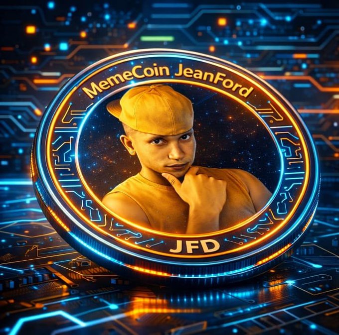 A glowing cryptocurrency-style coin labeled 'MemeCoin JeanFord JFD' featuring a portrait of a young man in a yellow cap and shirt, set against a futuristic circuit board background.