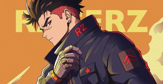 An anime-style pilot with a red headband and an "RZ" patch on his dark jacket stares intensely against an orange background featuring bold "RACERZ" text, promoting the limited-time burn event to exchange Racerz NFTs for Tier S and S+ Pilot characters.