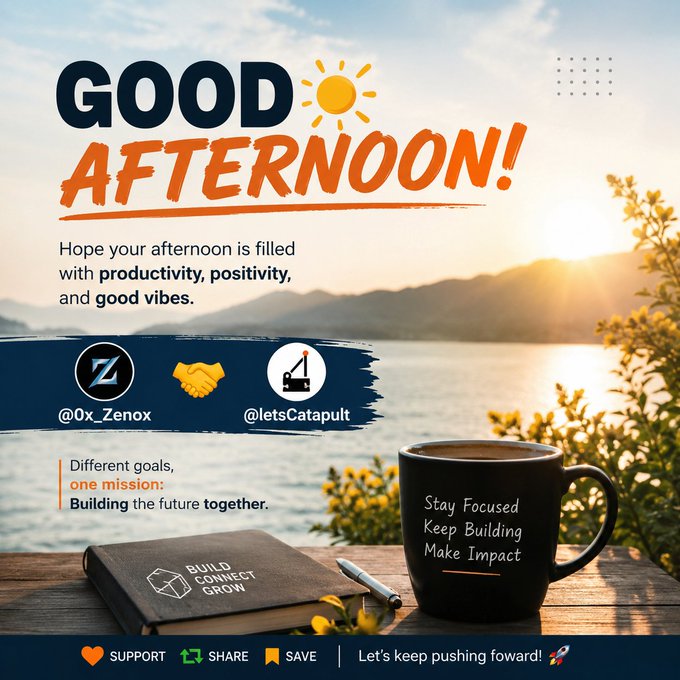A 'GOOD AFTERNOON!' greeting graphic featuring a coffee mug reading 'Stay Focused Keep Building Make Impact' alongside a notebook labeled 'BUILD CONNECT GROW' and handles '@0x_Zenox' and '@letsCatapult'.