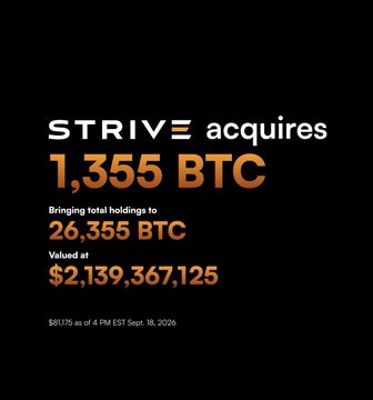 A black graphic announcement stating 'STRIVE acquires 1,355 BTC, bringing total holdings to 26,355 BTC, valued at $2,139,367,125' as of Sept. 18, 2026.