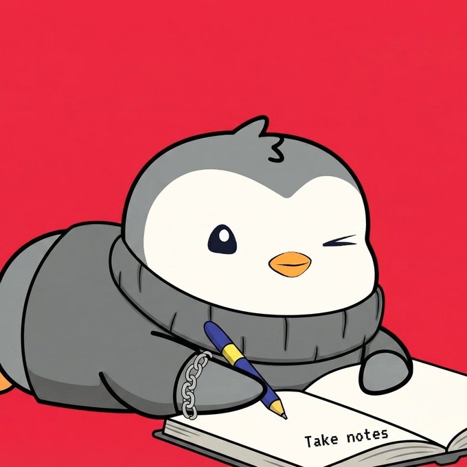 A cartoon illustration of a cute penguin character wearing a puffy gray winter coat, winking while holding a blue pen and writing in a notebook labeled 'Take notes' against a red background.