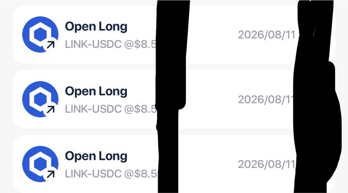 The image shows three "Open Long" trade notifications for LINK-USDC at $8.50, all dated 2026/08/11, likely representing Chainlink (LINK) token transactions from an Ethereum address. The repeated long positions at the same price suggest the user is opening multiple bullish bets on LINK through a decentralized exchange, with the ethereum address serving as their trading wallet.