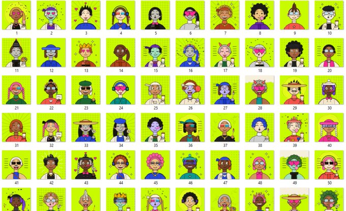 Grid of 50 numbered pixel-art character avatars in a green setting, featuring various colorful characters with different hairstyles, glasses, and accessories.