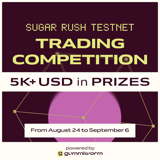 A promotional graphic for the Sugar Rush Testnet Trading Competition, offering over $5,000 USD in prizes from August 24 to September 6, powered by Gummiworm. The design features bold yellow and white text against a dark background with a pink circular graphic and geometric line elements, matching the post's announcement of a high-speed trading competition to stress test the Gummiworm platform.