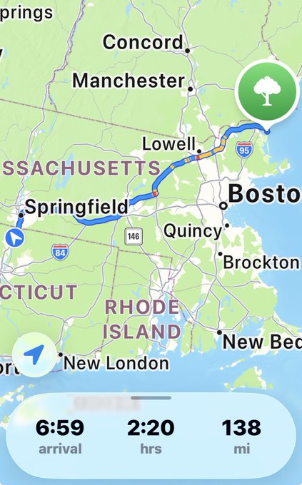 A Google Maps navigation screenshot showing a 138-mile route from Connecticut to Boston with an estimated arrival time of 6:59 and a 2 hour 20 minute trip.