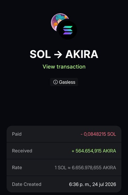A cryptocurrency transaction confirmation screen showing a swap from SOL to AKIRA, paid 0.0848215 SOL and received 564,654,915 AKIRA, dated 24 jul 2026.