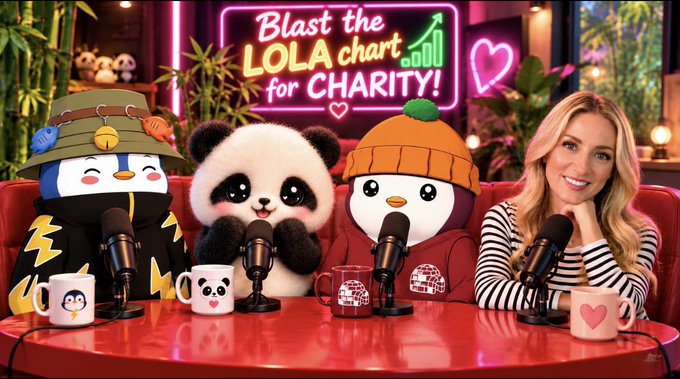 A podcast-style image showing a woman alongside three plush characters (a penguin, panda, and duck in an orange hat) at a red table with microphones, under a neon sign reading "Blast the LOLA chart for CHARITY!"