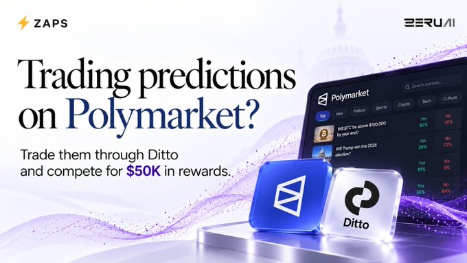 A promotional banner for "ZAPS BERU AI" advertises "Trading predictions on Polymarket?" with an offer to "Trade them through Ditto and compete for $50K in rewards."