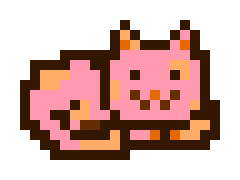 A pixel art illustration of a curled-up pink and orange cat with a smiling face, rendered in a retro 8-bit style.