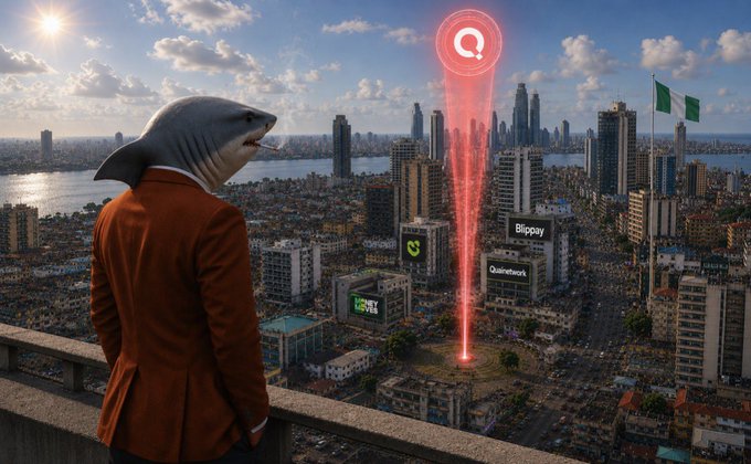 A surreal AI-generated image of a shark-headed figure in an orange suit overlooking a city skyline, with a glowing red 'Q' beacon and billboards displaying 'Bitpay' and 'Quai Network.'