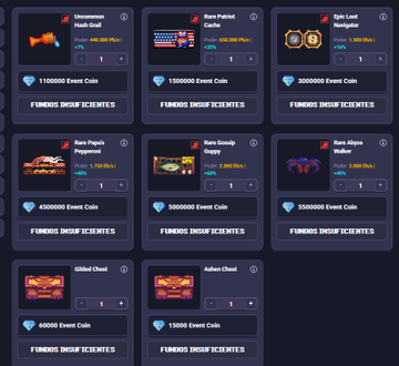 A screenshot of a video game's digital storefront displaying various in-game cars and chassis for sale, each with its price in Gems and showing 'FUNDOS INSUFICIENTES' (insufficient funds).