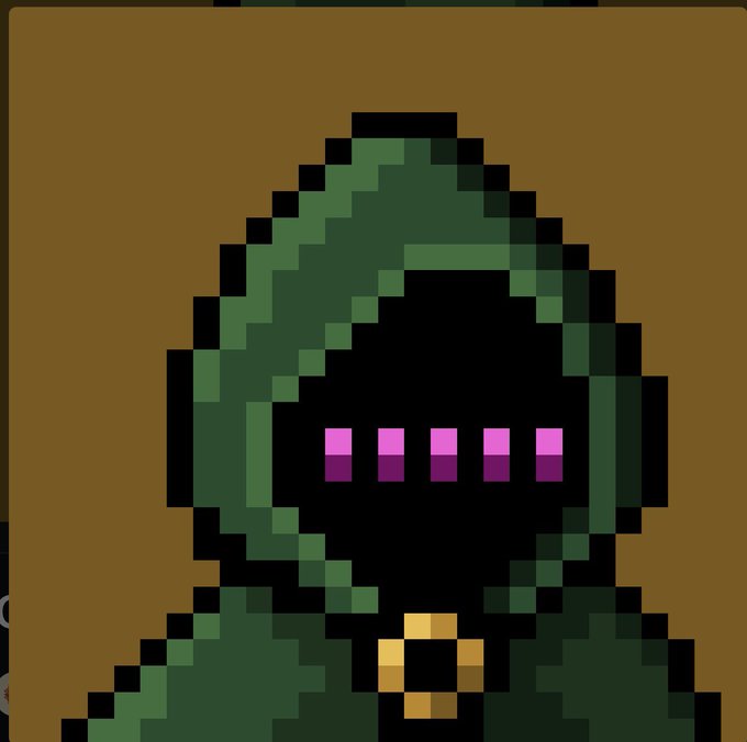 A pixelated hooded figure in a dark green cloak with glowing pink-purple eyes and a golden belt buckle, set against a brown background, represents the "H0ld's Mancer" NFT described in the post as a free mint acquired by burning $180 worth of tokens, now valued at $1800.