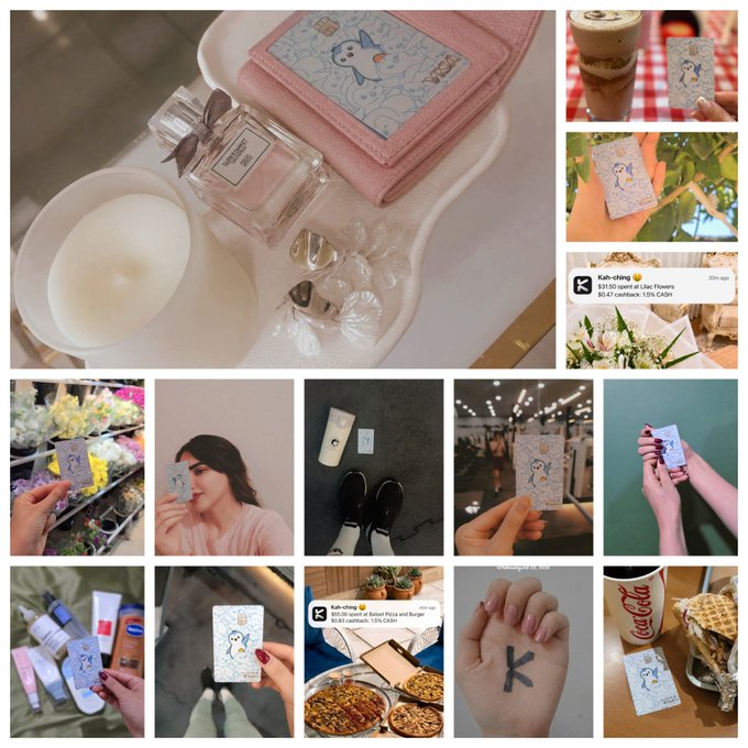 A collage of photos showcases various products including a perfume bottle, a pink wallet with a bird design, a Lilac Flower spirit card, and a K-cash promotion.
