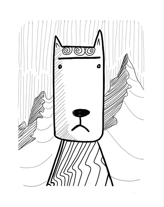 A black and white line drawing of a rectangular, stylized wolf or dog character with spiral eyes and a frowning mouth, standing against a backdrop of simple wavy lines.