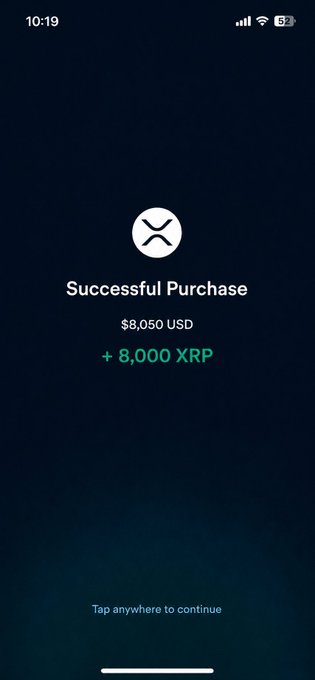 The image shows a dark-themed confirmation screen reading “Successful Purchase,” showing an $8,050 USD purchase of “+ 8,000 XRP” and “Tap anywhere to continue.” It visually confirms the post’s claim that 8,000 XRP was bought at a price of $1.02 each.