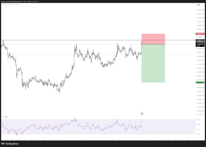 A TradingView chart of $PEPE displays a short position setup with a red stop-loss zone above and a green take-profit zone below, visually confirming the trader's flip from long scalps to a short bias. The RSI indicator at the bottom sits in overbought territory, supporting the bearish reversal narrative.