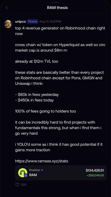 A Discord post from "unipcs" in a "Thesis" channel dated Aug 31 discusses RAM as a top revenue generator on the Robinhood chain, noting it has $80k in fees yesterday, $450k in fees today, $12m TVL, and an $8m market cap, with 100% of fees going to holders. The poster shows a RAM position worth $134,426.51, while the accompanying commentary criticizes the post for deliberately omitting $UP from its analysis.