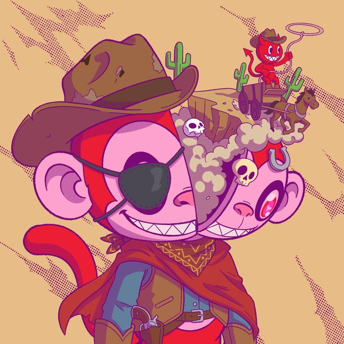A colorful cartoon-style illustration of a split-faced monkey character, one half pink with an eyepatch and cowboy hat, the other half appearing mechanical or damaged, with a small red devil figure on a wagon in the background.