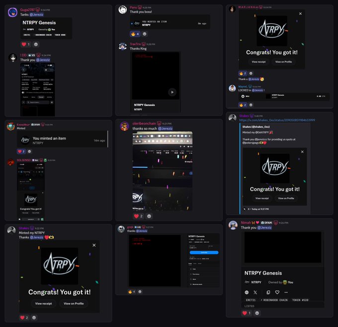 The image shows a collage of social media posts from community members celebrating their wins and minting achievements, including "Congrats! You got it!" notifications for NTRPY, which appears as a Genesis token with ownership details visible at the bottom right.