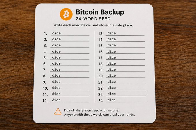 A Bitcoin Backup 24-Word Seed card displayed on a wooden surface, with each of the 24 numbered slots pre-filled with the placeholder word "dice" and a warning not to share the seed with anyone.