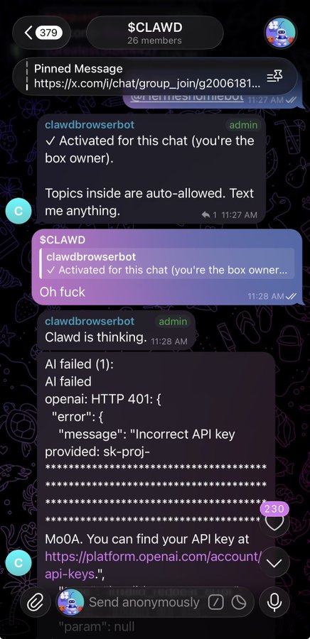 A Telegram chat screenshot showing a $CLAWD group message from clawdbrowserbot indicating an activation, followed by an 'AI failed' error message due to an incorrect OpenAI API key.